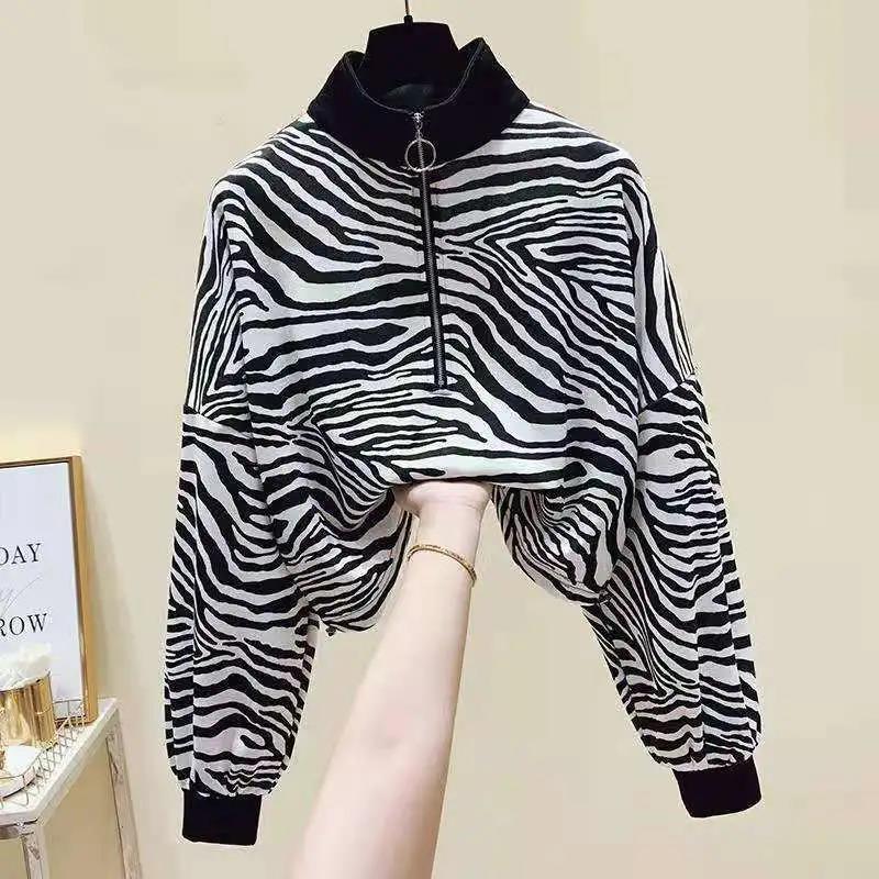 Women's Clothing Sweatshirts Spring Autumn Loose Half Zipper Stand-up Collar Female College Style Zebra Pattern Cropped Top