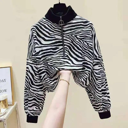 Women's Clothing Sweatshirts Spring Autumn Loose Half Zipper Stand-up Collar Female College Style Zebra Pattern Cropped Top