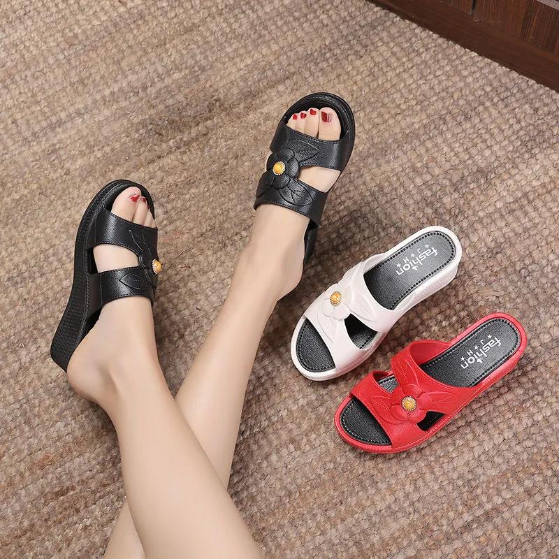 Sandals and Slippers Women Summer Outer Wear Thick Bottom Non-slip Bath Home Beach Shoes Wedge Heel Soft Bottom Ladies Slippers