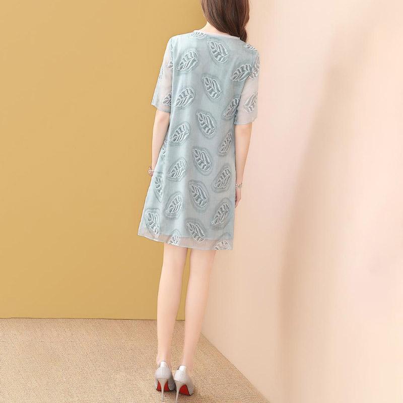 Spring Summer Chiffon Dress Light Green Short-sleeved Round Neck Casual T-shirt Dress Women's Plus Size Dress