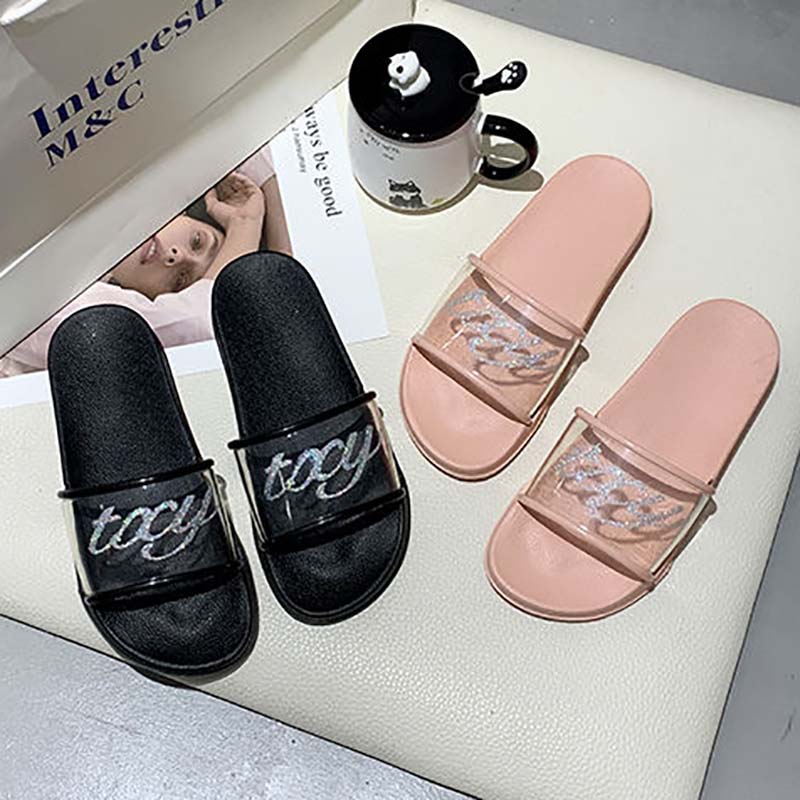 Slippers Women's Summer Wear Fashion Transparent with Bath Non-slip Female Students Flat-bottomed Home Slippers The Shoes Are One Size Smaller