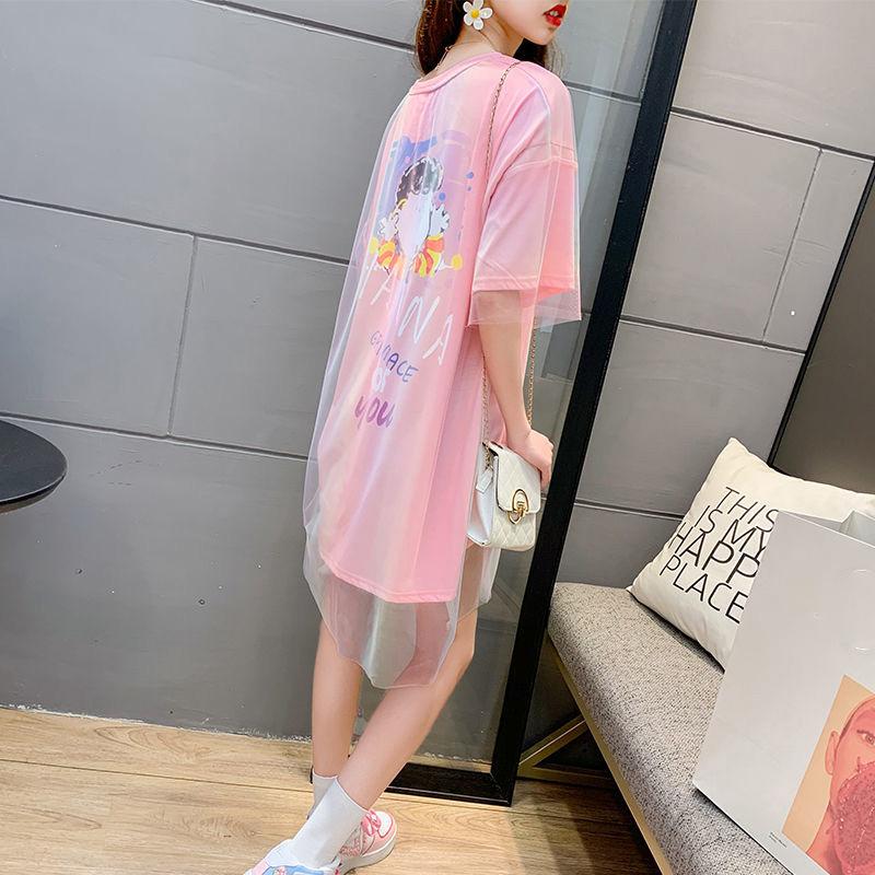 Summer Dress Women Loose O-Neck Short Sleeve Casual Above Knee T-shirt Dress  Round Neck Mesh