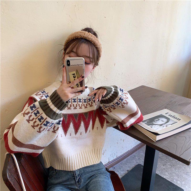 Autumn Winter Women  Fashion Sweater Casual Knitting Sweater Jacquard Round Neck Pullovers Loose Casual Long Sleeve Sweater
