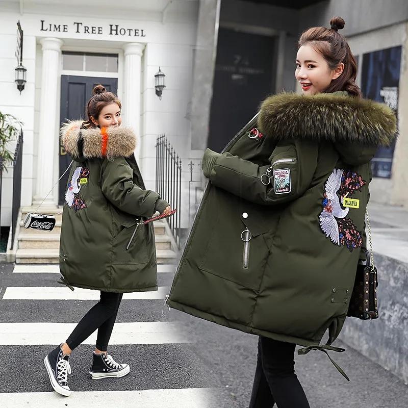 Women Parkas Winter Jacket Mid-length Thickening Coats Fur Collar Hooded Coat Cotton Jackets Loose Casual Outwear Embroidery Black White Clothes