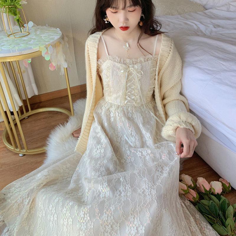 Summer Glitter First Love Long Skirt Female French Mid-length Lace Suspender Dress Little Fairy Temperament