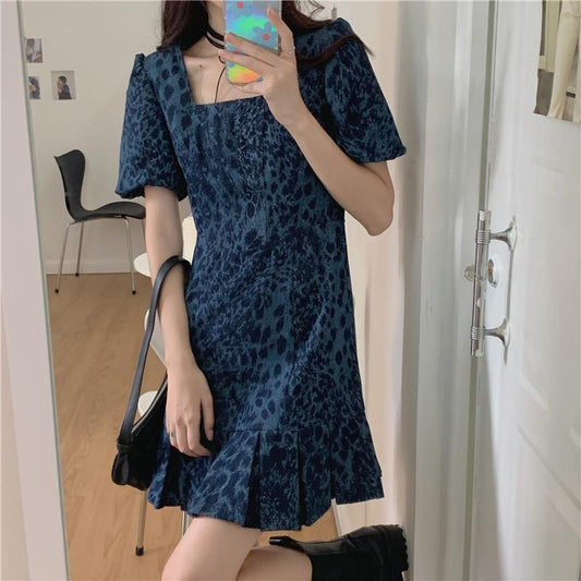Female Vintage Slim Elegant Party Dress Leopard Print Square Neck Bubble Short Sleeve Denim Graceful Club Dress