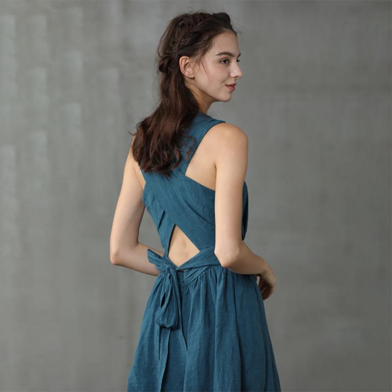 Cross Back Linen Dress, Drawstring Waist Slim Temperament Large Swing Skirt,maxi Dress, Sleeveless Dress, Layered Linen Dress, Apron Dress