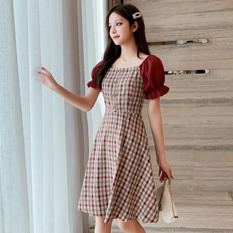 Checkered Bellflower Dress with Square Neck Waist Women's Dress