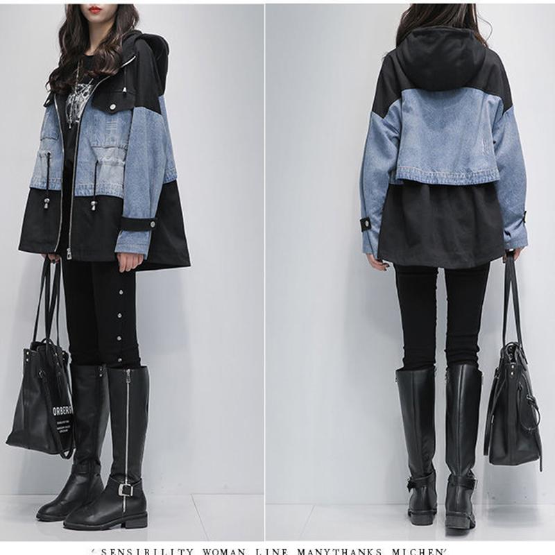 Autumn New Plus Size Women's Mid-length Hooded Windbreaker Women's Waist Slimming Stitching Denim Jacket Women's Parker