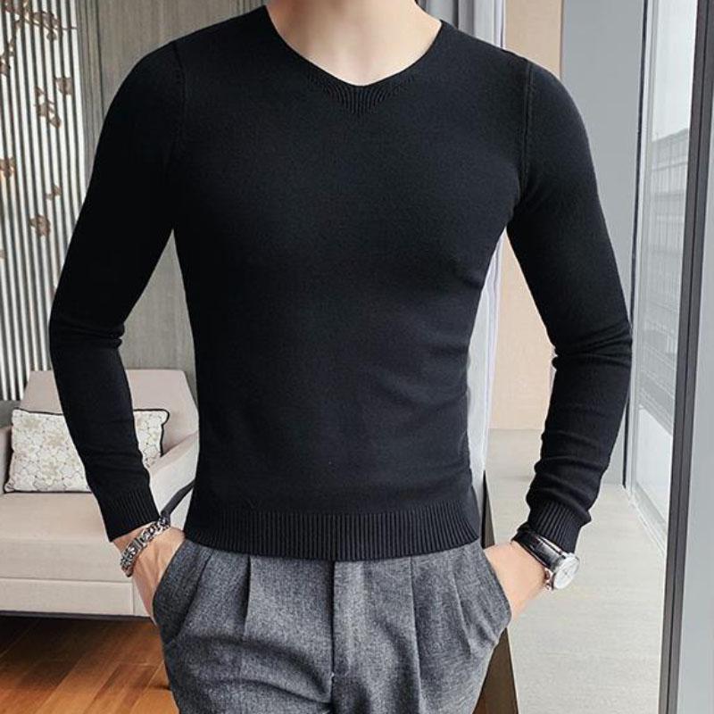 Low-neck Sweater Men's Long-sleeved Spring-autumn-winter V-neck Sweater Men's Self-cultivation All-match Solid Color Bottoming Shirt
