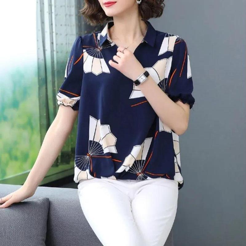 Women's Summer Chiffon Shirt T-shirt Loose Top Short-sleeved V-neck Shirt