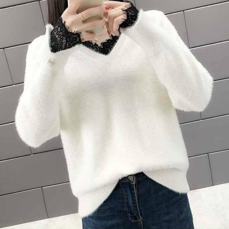 Fake Two Pieces V-neck Sweater Women's Lace Stitching Loose Pullover Thickening Sweater