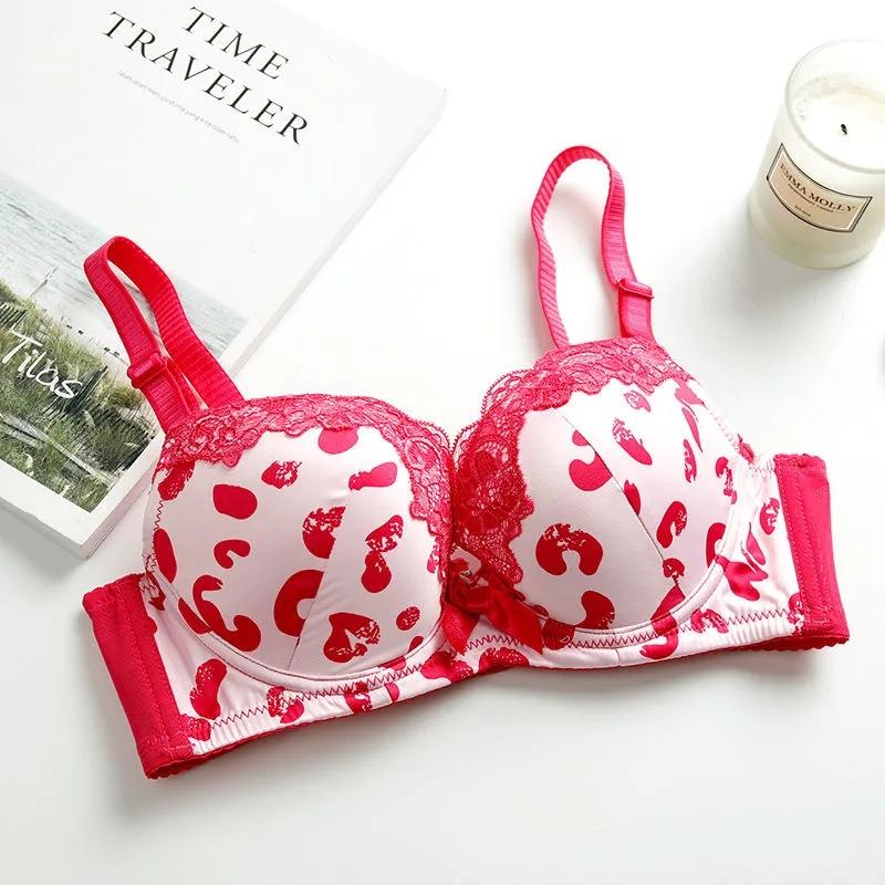 Ladies Sexy Lace Spotted Upper Thin Thicker Lower Thick Adjustable Pull-up Bra Comfortable Brassiere Gathered Bra Women's Bow Printed Underwear