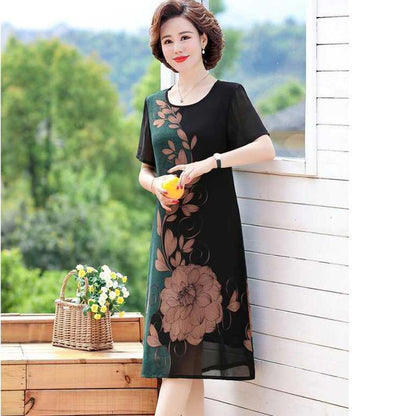 Women's Clothing Large Size Loose Chiffon Dress Round Neck Short Sleeve Printing Knee-length