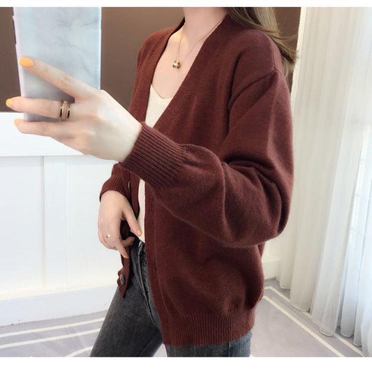 Spring and Autumn Knitted Tops European and American Style Loose Solid Color Sweater Cardigan Middle-aged Female Jacket