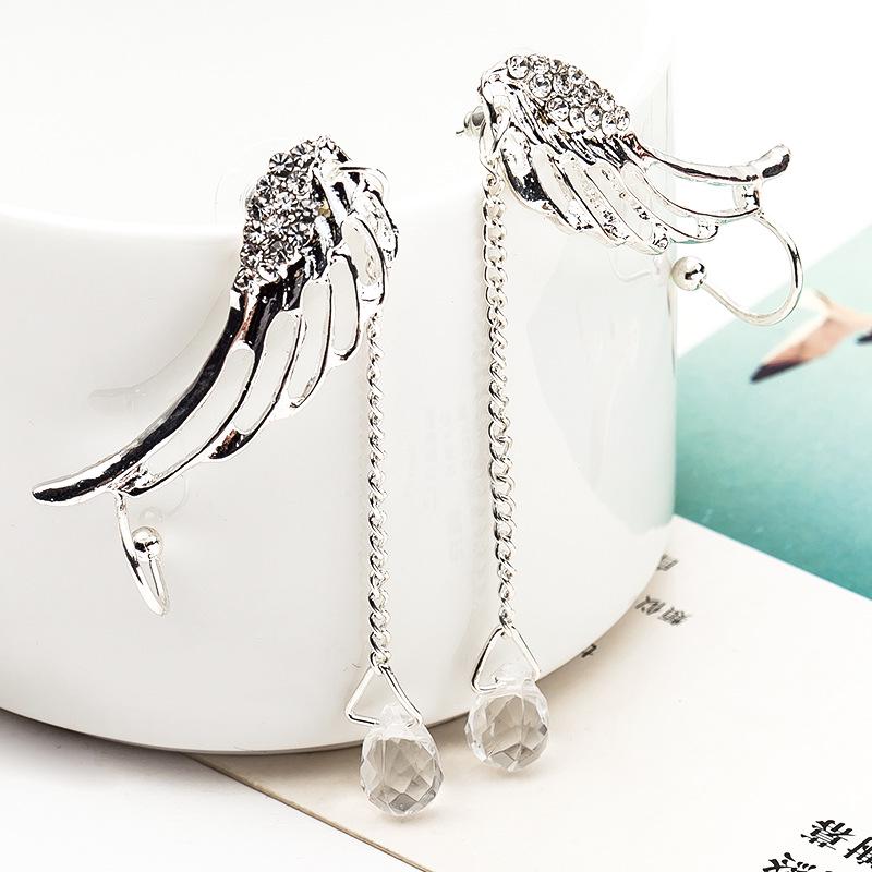 Water Drop Stud Earrings Angel Wing Crystal Long Earrings Earless Ear Clips