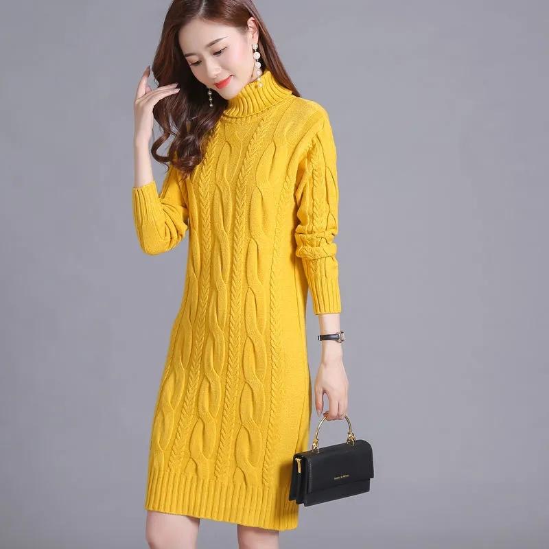 Sweater Women's Turtleneck Pullover Mid-length Knitwear Korean Pure Color Trending Sweater Dress Clothes Set Autumn and Winter