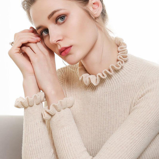 Solid Color Slim Was Thin Sweater Knitted Bottoming Half Turtleneck Ruffled Sweater