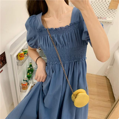 Summer Retro French Casual Solid Color Over-the-knee Long Skirt Waist Puff Sleeve Square Neck Short-sleeved Dress