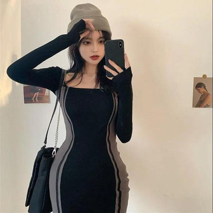 Spring Long-sleeved Dress Contrast Color Stitching Square Neck Dress Is Thinner Buttocks Skirt with Bottoming Skirt Female