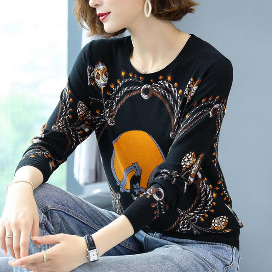 Vintage Printed Knit Sweater Women Oversized Loose Woollen Sweater  Short  Knitted Wool Jumper
