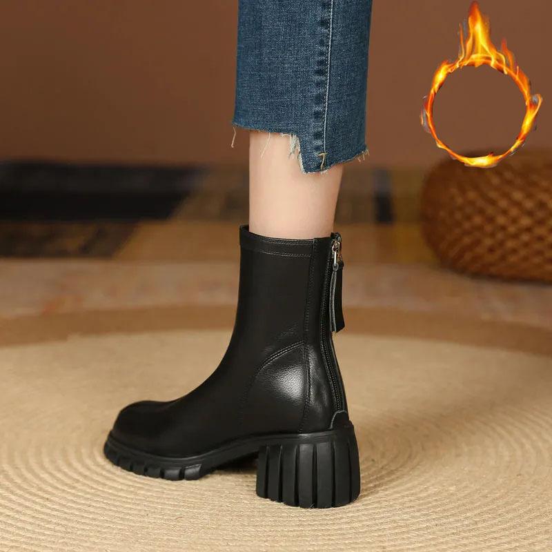 Martin Boots Woman Round Head Retro Boots Black Middle Boots Back Zipper Chelsea Boots Snow Boots Plus Velvet Warm Cotton Boots Winter Boots