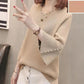 Spring and Autumn Solid Color Pullover Sweater Women's Beaded Loose Short V-neck Knitwear
