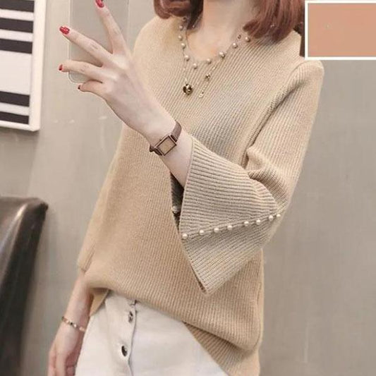 Spring and Autumn Solid Color Pullover Sweater Women's Beaded Loose Short V-neck Knitwear