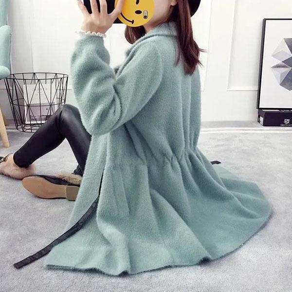 Autumn and Winter Mohair Coat Slim Thicker Loose Plus Cotton Top Women's Coat Cardigan Coat Knitted Sweater Mid-length Belt Coat Women