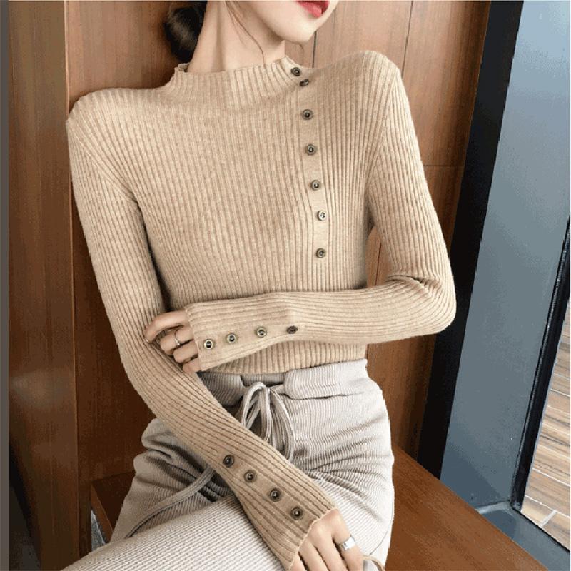 Button Half Turtleneck Sweater Women's Bottoming Sweater Fall/Winter Pullover Slim Knit Sweater with Elastic Slim and Comfortable