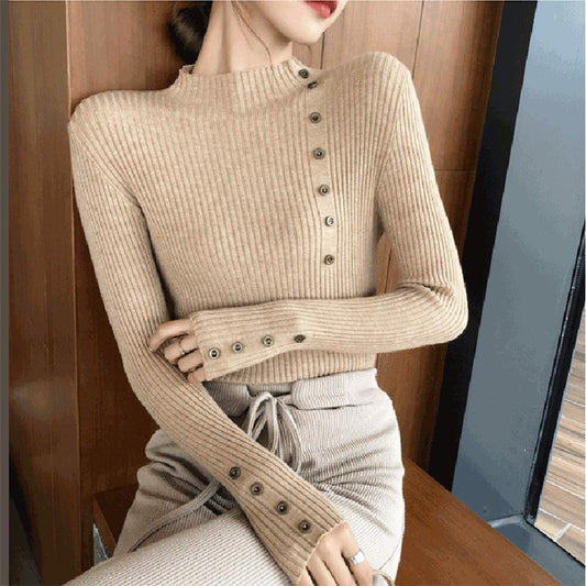 Button Half Turtleneck Sweater Women's Bottoming Sweater Fall/Winter Pullover Slim Knit Sweater with Elastic Slim and Comfortable