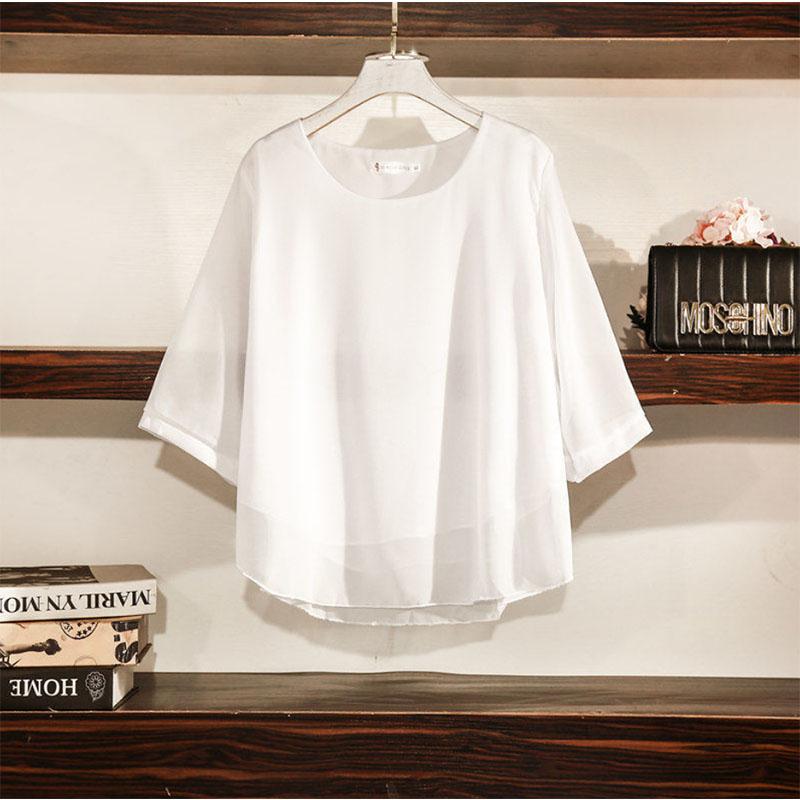 Solid Color Round Neck Pullover Shirt Chiffon Shirt Five-point Sleeves Plus Fat Plus Size Women's Loose and Thin