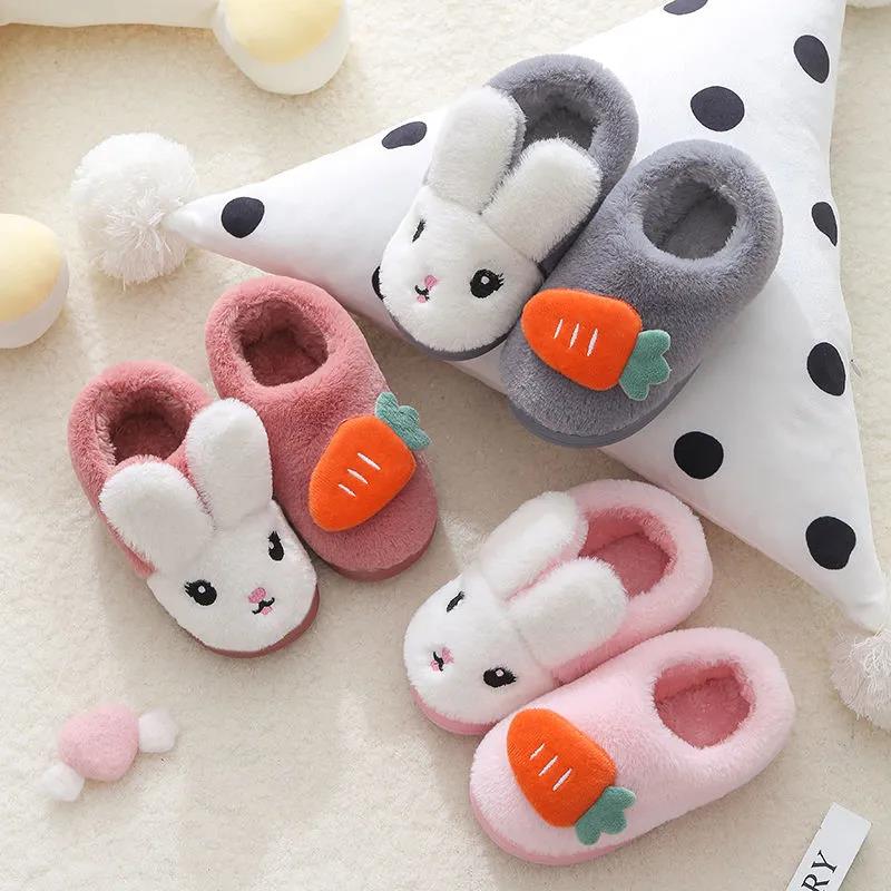 Kids Fur Slides Kids Shoes Autumn Winter Indoor Non-slip Cute Rabbit Cotton Home Slippers Baby Girls Slippers