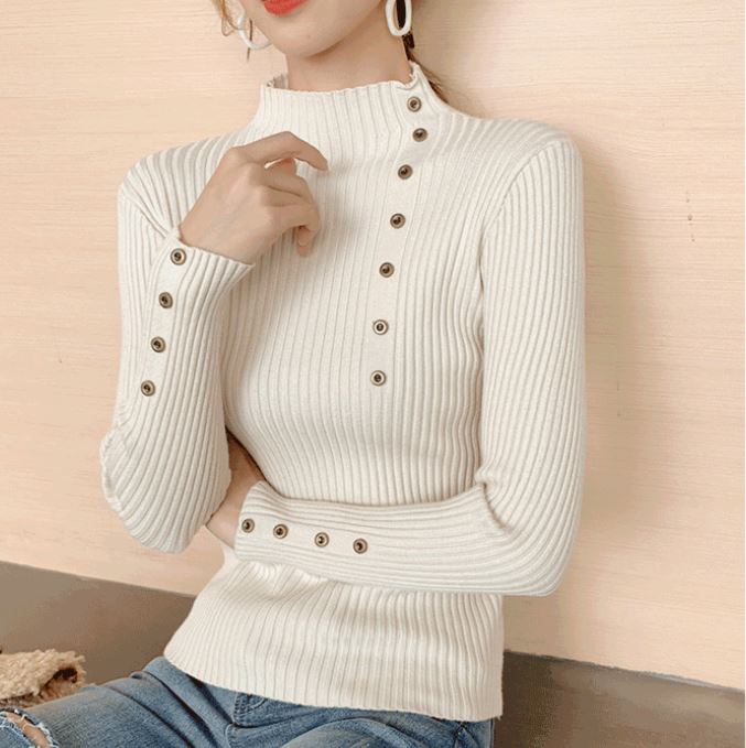 Button Half Turtleneck Sweater Women's Slim Fit Slim Long Sleeve Bottom Shirt Fashion Solid Color Stretch Pullover Large Size