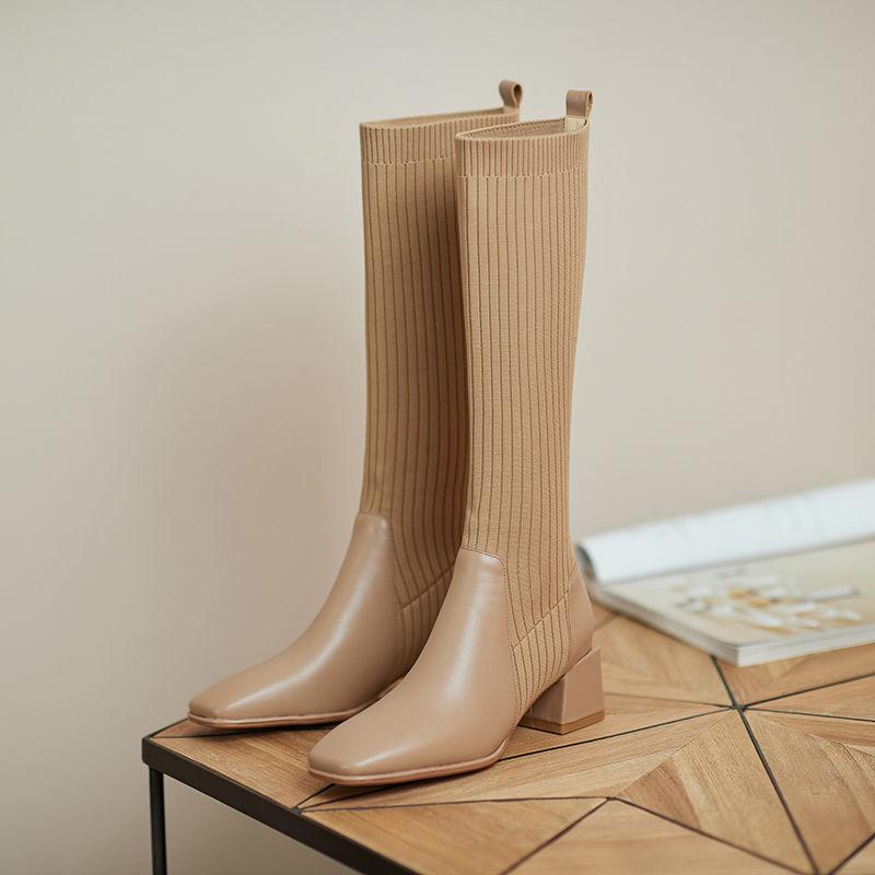 Women's Leather Socks and Long Boots But The Knee Is Thinner Stretch Knit Mid-tube High-heeled High Boots