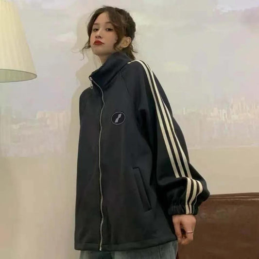 Women's Spring and Autumn Jacket Sports Sweater Couple Student Jacket Baseball Uniform Stand Collar Loose Casual Jacket for Girls