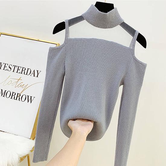 Pofulove Babes Off-the-shoulder Half Turtleneck Bottoming Shirt Mesh Stitched Sexy Elastic Knitwear