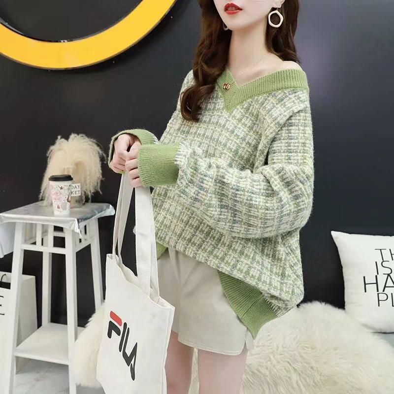 Pofulove Check V-neck Pullover Sweater Women Autumn Winter Loose Wild Long Sleeve Knitted Sweater
