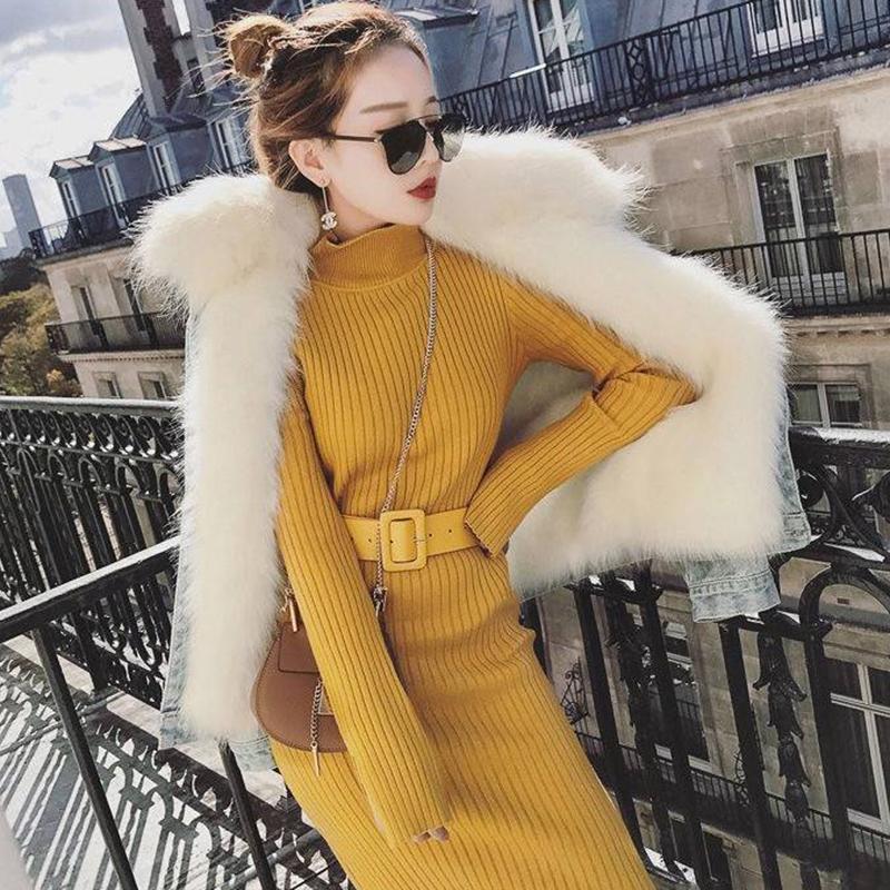Autumn and Winter Women's Self-cultivation Solid Color Base Skirt Long-sleeved Sweater Bag Hip Skirt with A Mid-length Slim Knitted Dress