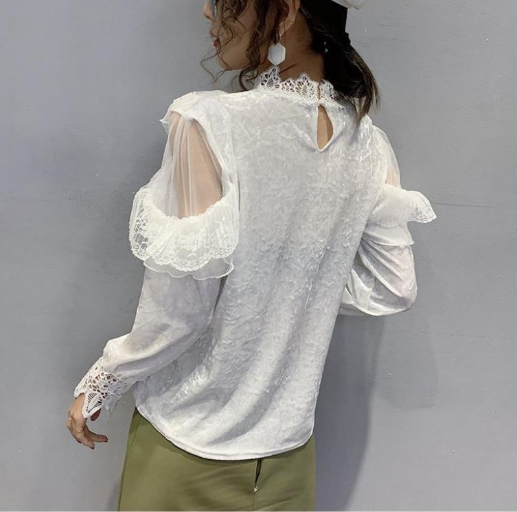 Half Turtleneck Gold Velvet Lace Bottoming Shirt Spring Fashion Halter Mesh Ladies Long Sleeve Top