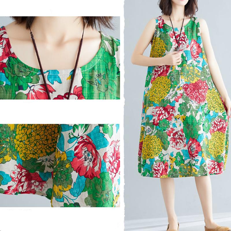 Summer Ethnic Print Dress Round Neck Cotton and Linen Sleeveless Loose Mid-length Vest Skirt Daily Thin