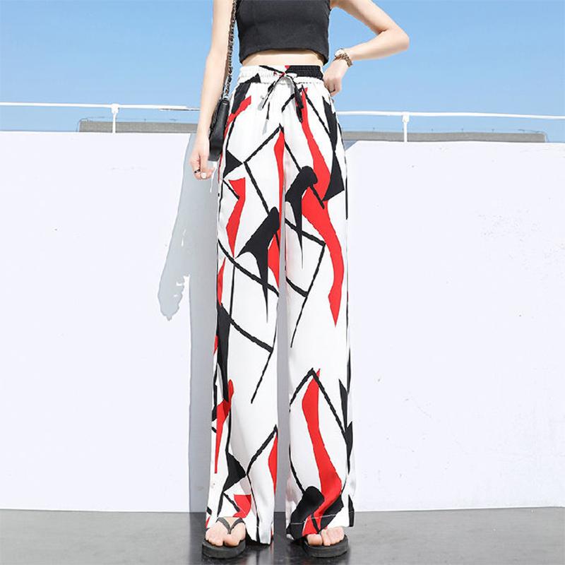 Color Striped Wide-leg Pants Ladies Summer High Waist Loose Thin Ice Silk Straight and Thin Casual Mopping Trousers