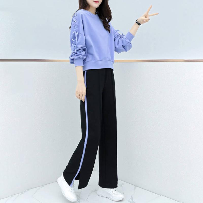 Women's Casual Suit Round Neck Long-sleeved Pullover Blouse + Loose Wide-leg Trousers Casual Two-piece Simple Style Comfortable and Warm
