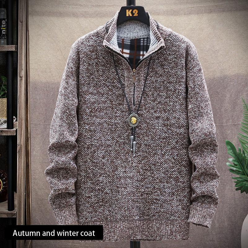 Men's Knitted Sweater Cardigan Trend Autumn and Winter Jacket Plus Velvet Padded Jacket Top