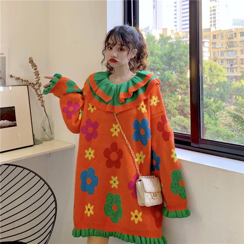 Mid-length Ruffles O-neck Sweater Women Sweet Knitted Loose Flower Print Chic Girl Pullover Dress