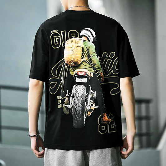 Moto & Biker T-shirt Oversized American Trend Retro Shirt O-neck Half Sleeve Casual Pullover Graphic Punk Clothes Summer