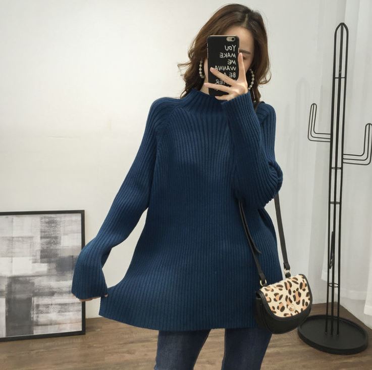 Korean Style Fashion Loose Half Turtleneck Sweater Women's Solid Color Large Size Mid Length Knit Sweater