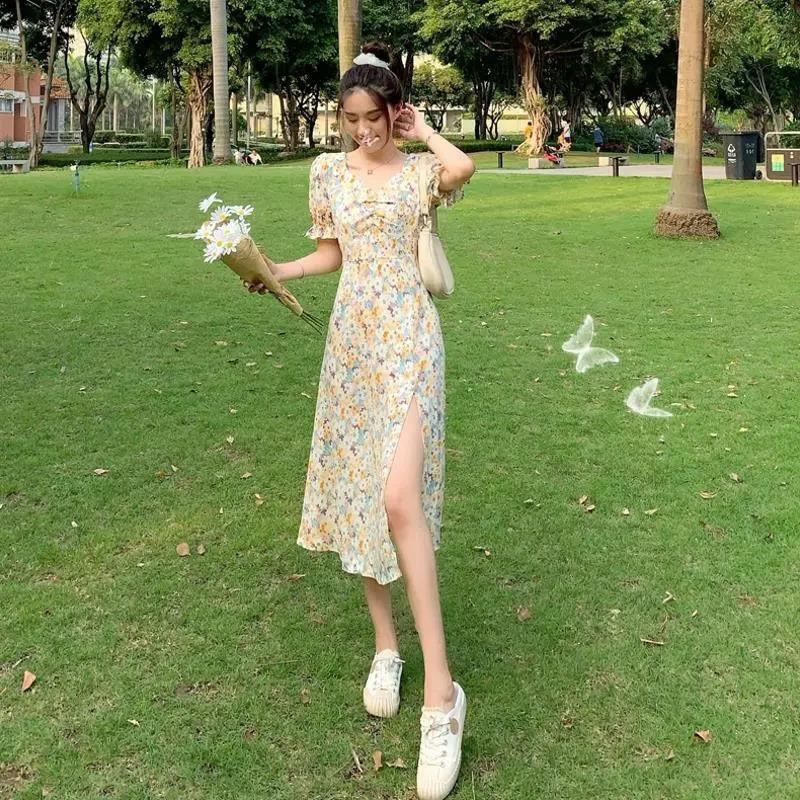 Women's Summer Floral Chiffon Skirt Puff Sleeve V-neck Midi Skirt