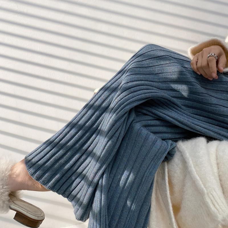 Casual Thick Knitted Women Pants Elastic High Waist Loose Female Wide Leg Pant Long Trousers 2022 Autumn Winter Striped Pantalon