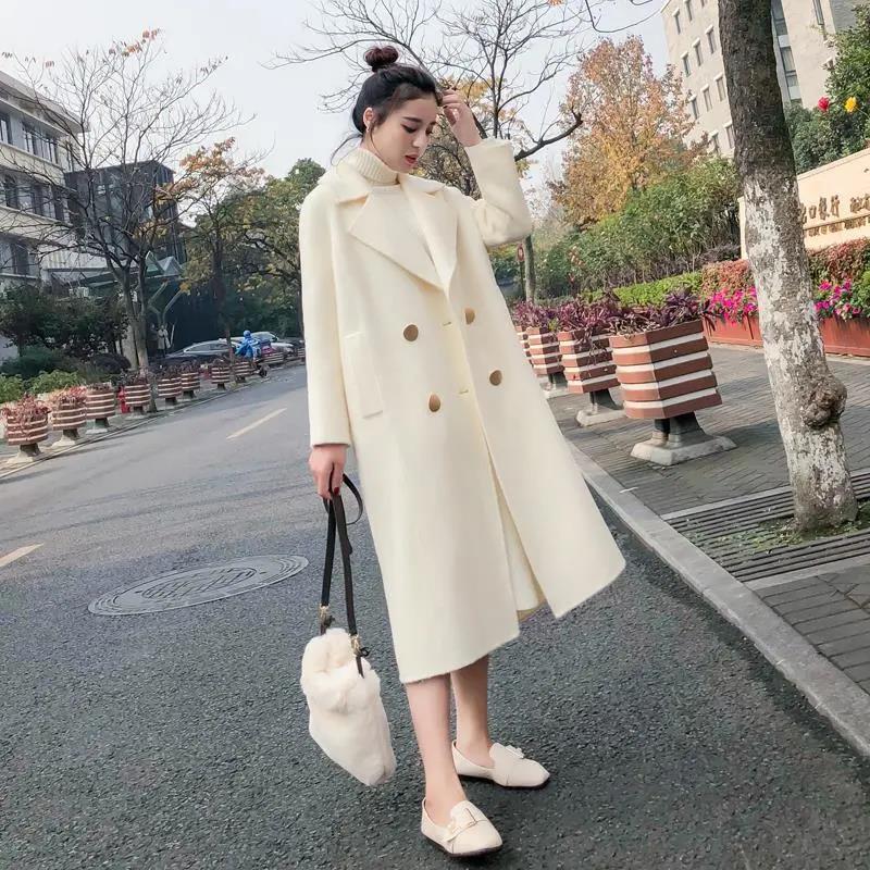 Hepburn Style Woolen Coat Women's Mid-length Korean Style Loose Woolen Coat Plus Cotton Thick Autumn and Winter Woolen Coat